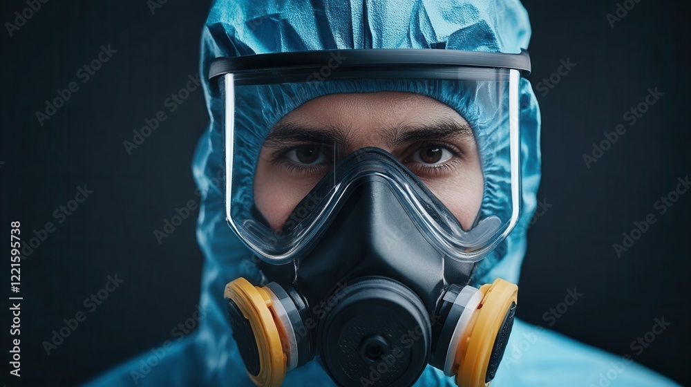 Protective Suit and Respirator Worn by Individual in Close-Up Portrait Against Dark Background Protective Suit and Respirator Worn by Individual in Close-Up Portrait Against Dark Background