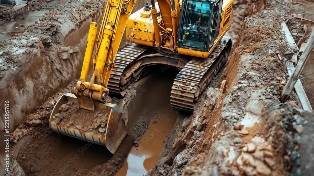 Excavator operates in an urban construction site, digging a deep trench ...