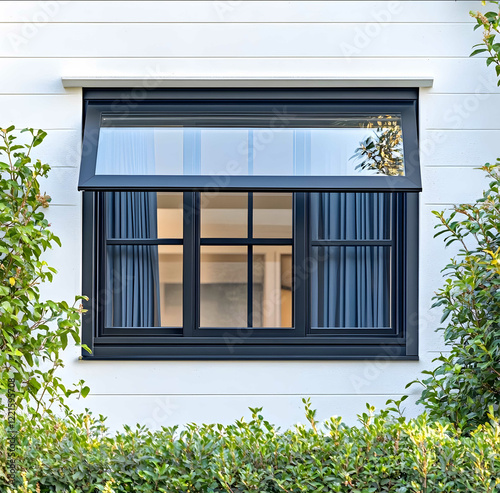 A black aluminum Boffo motorized exterior window on the side of an Americanstyle home with white walls and vertical dark blue vinyl cloth windows The interior is vis