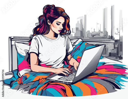 Girl from home working on laptop. Work from home and freelance. Young woman studying at home, freelancer lifestyle. Vector illustration in sketch style