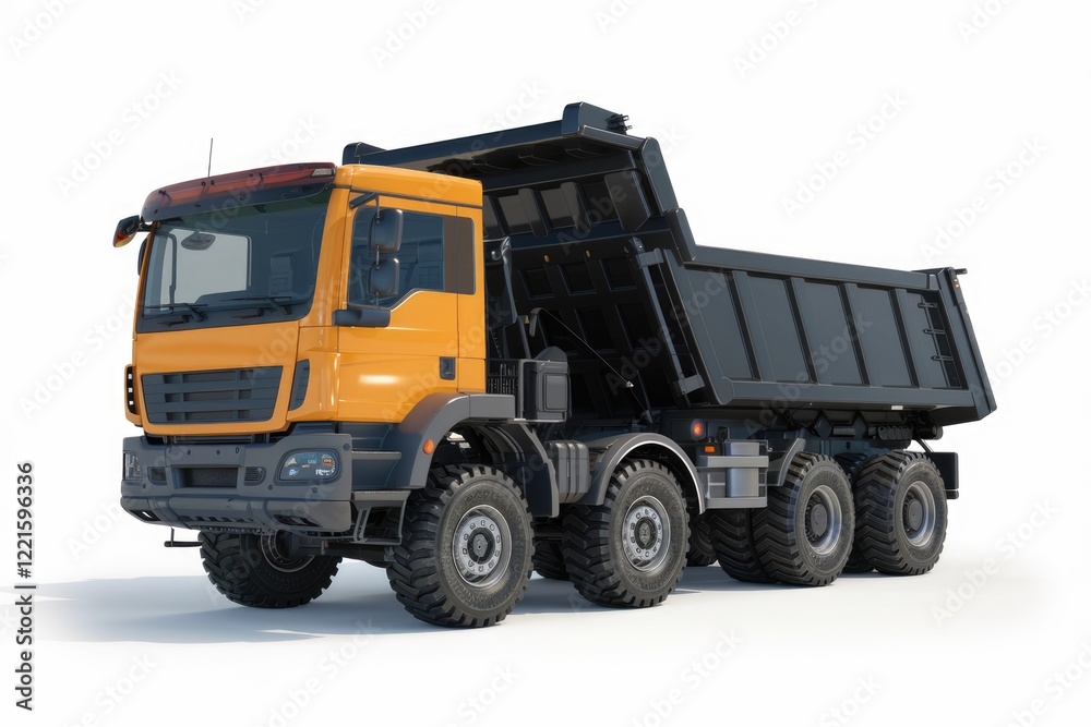 A large orange and black dump truck with its bed raised, isolated on a white background. A large orange and black dump truck with its bed raised, isolated on a white background.