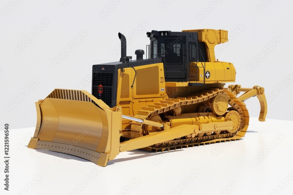 Fototapeta premium A powerful yellow bulldozer with a large blade, ready for heavy-duty earthmoving tasks.