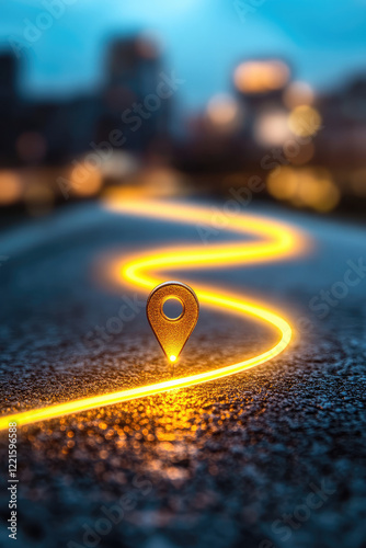 An illuminated route line from one 3d location pin marker to another location marker. Travel, route construction