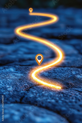 An illuminated route line from one 3d location pin marker to another location marker. Travel, route construction