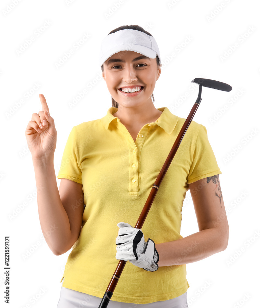 Beautiful female golfer pointing at something on white background Beautiful female golfer pointing at something on white background