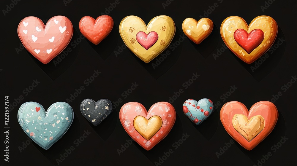 Fototapeta premium Heart icon set with various shapes and styles for Valentine's designs.