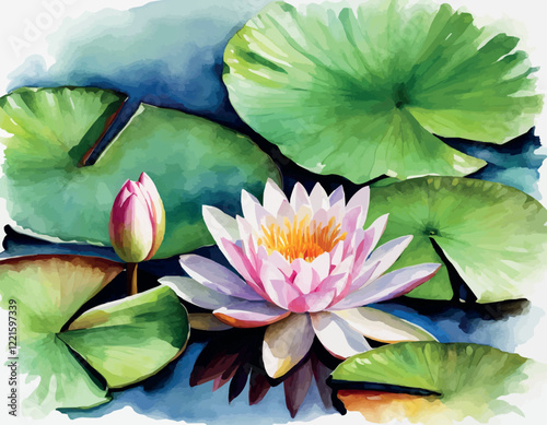 Water lilies or lotuses watercolor, Painting Art of flowers on water