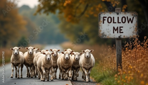 Sheep flock walking on road towards sign says Follow. Group moving together. Autumnal landscape background. Spiritual image. Jesus Christ concept. Find faith, direction. Biblical parable. Leading