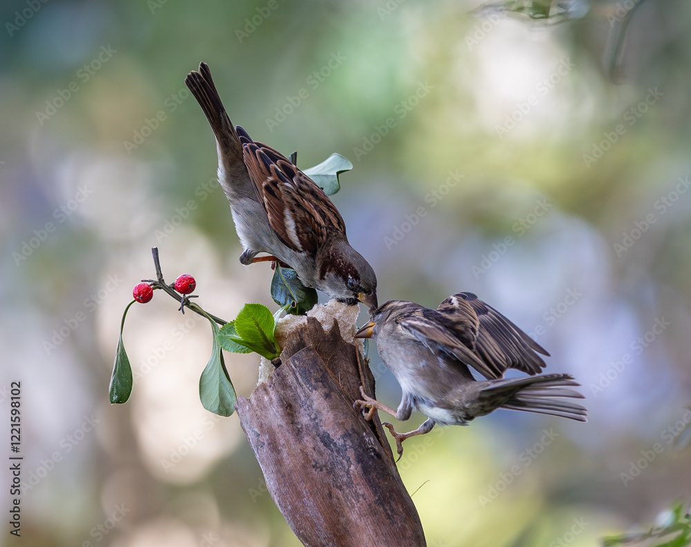 In winter, disputes over food offer excellent postures for birds, such as sparrows.