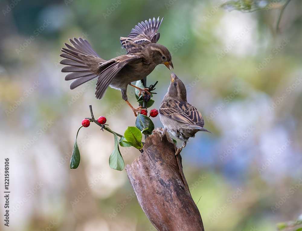 In winter, disputes over food offer excellent postures for birds, such as sparrows.