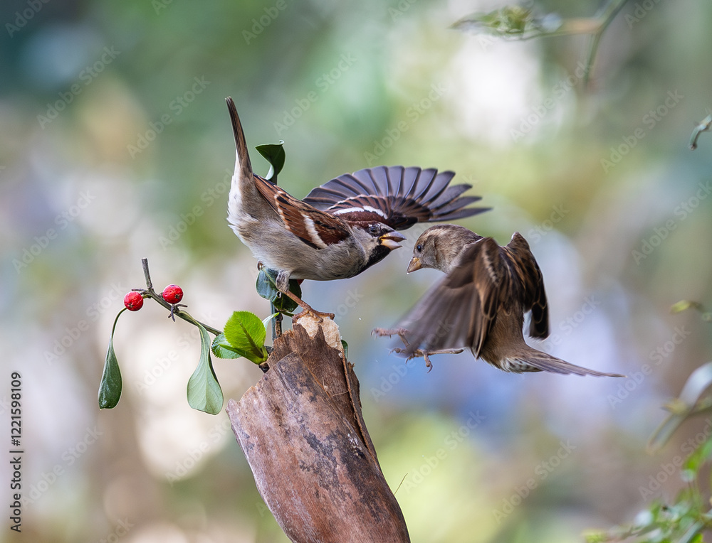 In winter, disputes over food offer excellent postures for birds, such as sparrows.