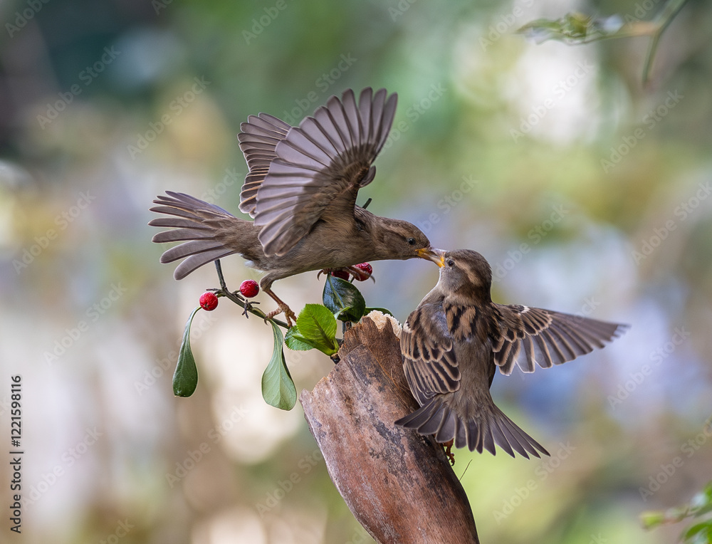 In winter, disputes over food offer excellent postures for birds, such as sparrows.