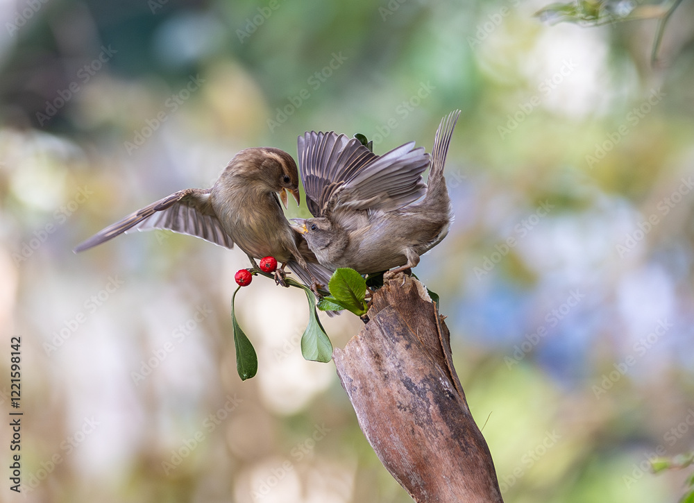 In winter, disputes over food offer excellent postures for birds, such as sparrows.