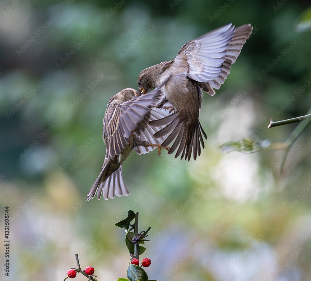 In winter, disputes over food offer excellent postures for birds, such as sparrows.