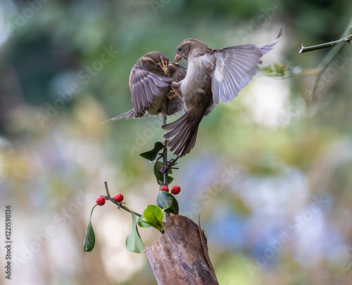 Obraz na płótnie In winter, disputes over food offer excellent postures for birds, such as sparrows. w salonie