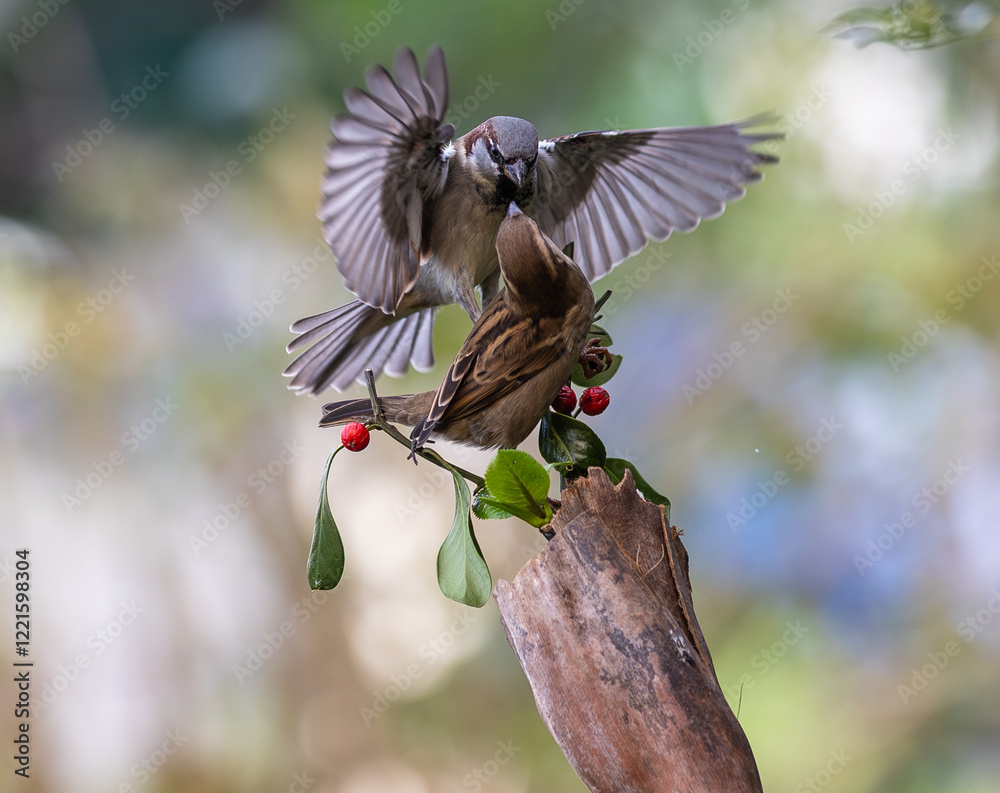 In winter, disputes over food offer excellent postures for birds, such as sparrows.