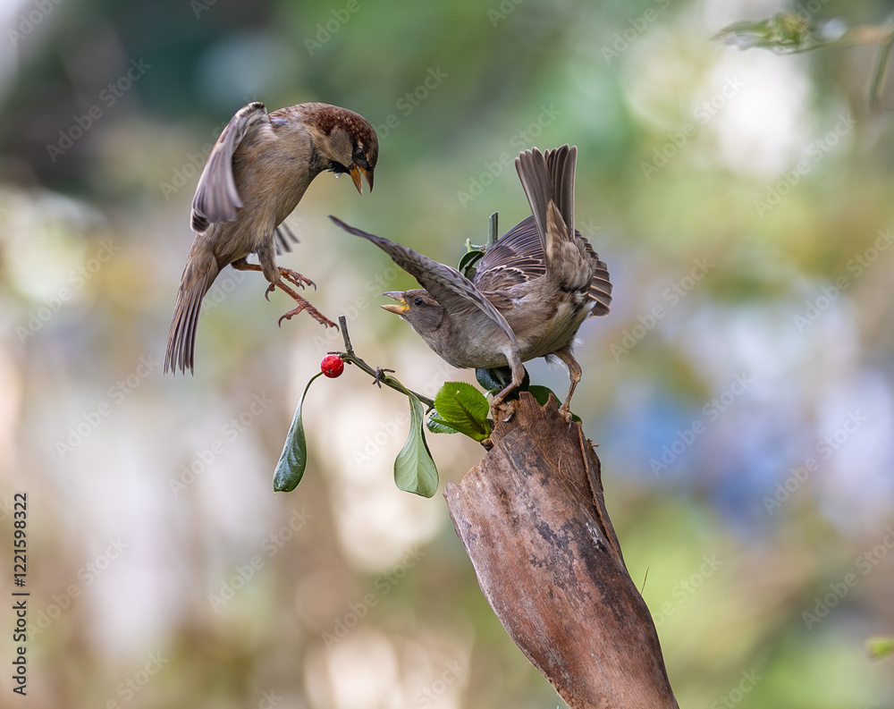 In winter, disputes over food offer excellent postures for birds, such as sparrows.