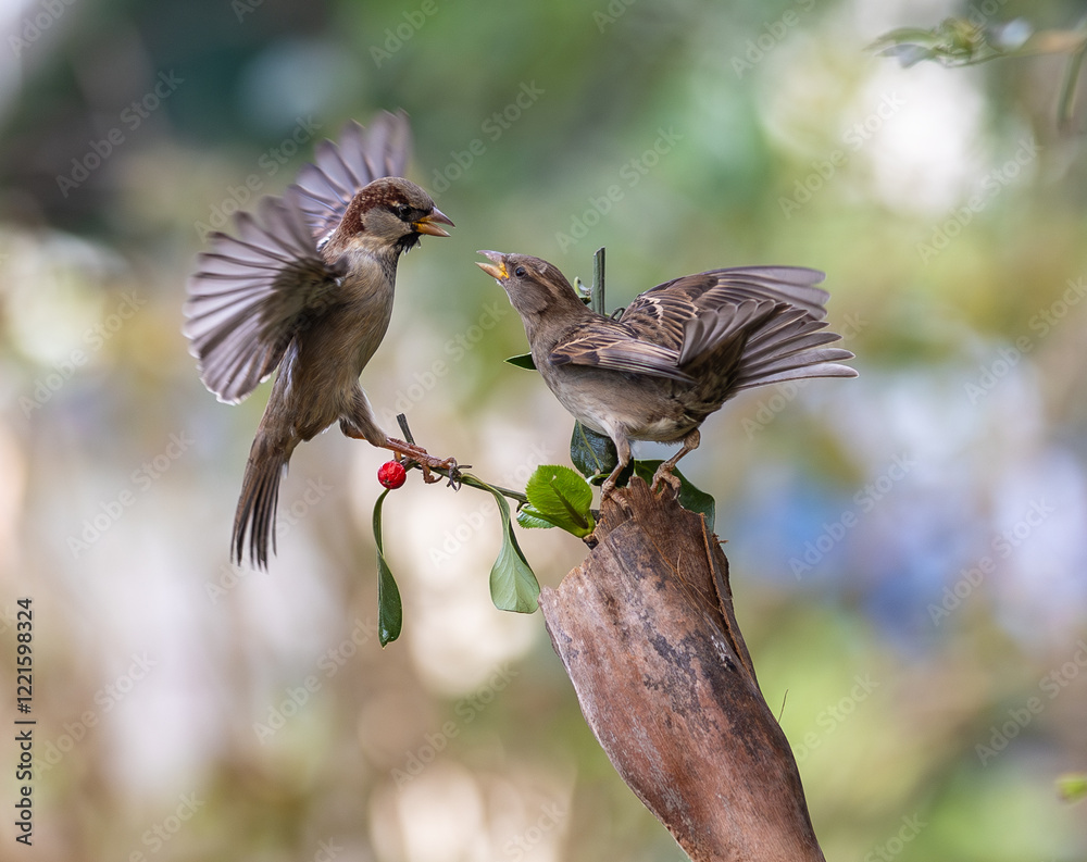 In winter, disputes over food offer excellent postures for birds, such as sparrows.