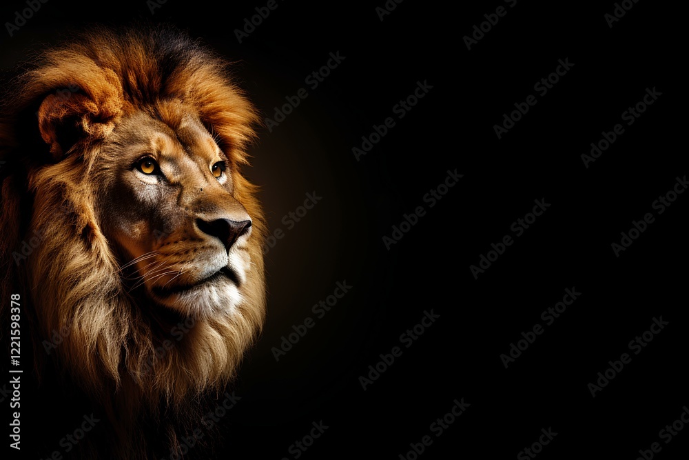 Fototapeta premium A striking portrait of a lion's face emerges against a black background, showcasing its powerful features and majestic mane. This image captures the essence of strength and the wild beauty of nature.