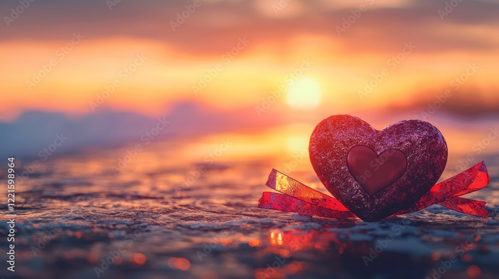 Fototapeta premium Valentine mockup card abstract design. Romantic Heart Sunset Seascape with Red Ribbon.