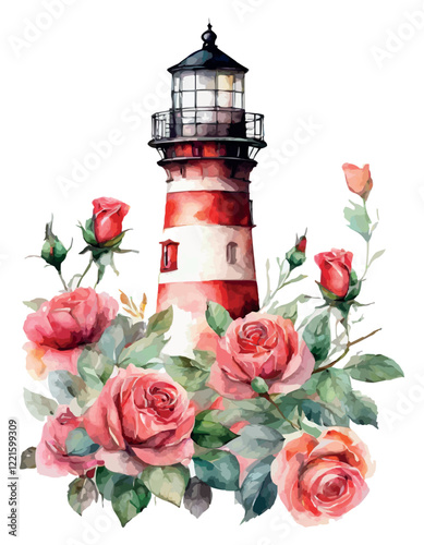 Lighthouse and flowers: chamomile, rose, violet and pansy and water lily. Vector watercolor illustration