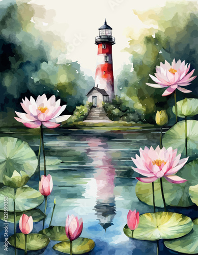 Lighthouse and flowers: chamomile, rose, violet and pansy and water lily. Vector watercolor illustration