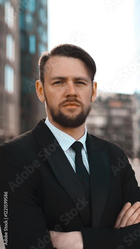 Portrait of young confident successful attractive caucasian business person with beard and mustache, arms crossed, looking at camera serious. Businessman. Success concept. Formal black suit, tie