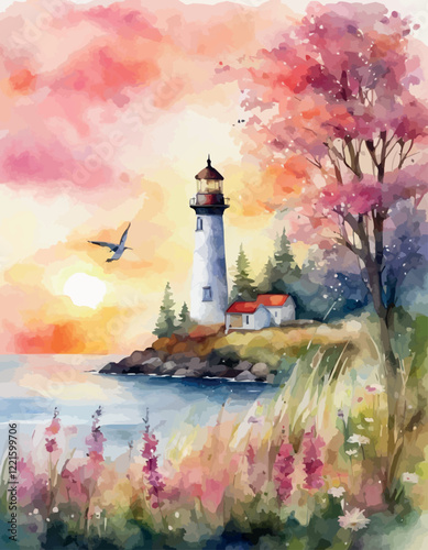 Lighthouse on the seashore at sunset, watercolour. Vector illustration.