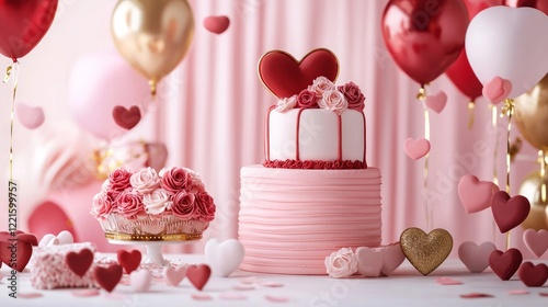 Valentine mockup card abstract design. Romantic Valentine's Day Cake and Decorations.