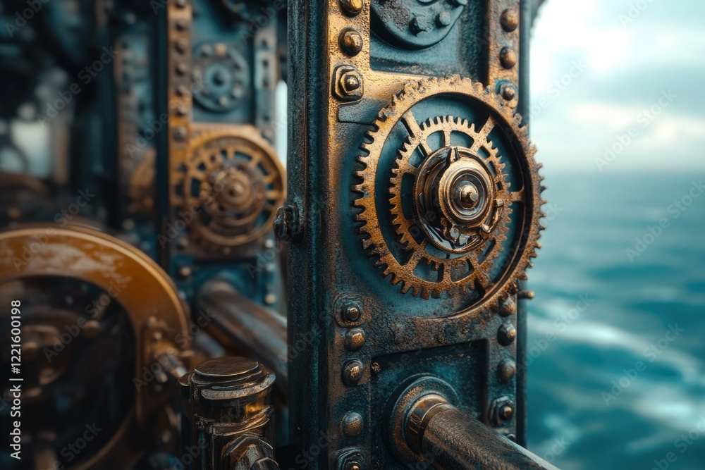 Close-up of intricate steampunk-style gears, showcasing their metallic texture and complex design against a blurred ocean backdrop. Close-up of intricate steampunk-style gears, showcasing their metallic texture and complex design against a blurred ocean backdrop.