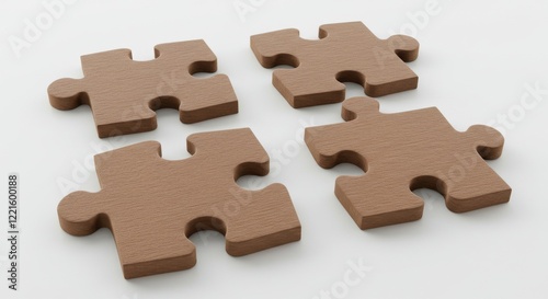 4 Four brown pieces of puzzle stand on wooden table isolated on gray or white background. empty copy space for inscription or objects. idea, sign, symbol, concept of connecting
 photo