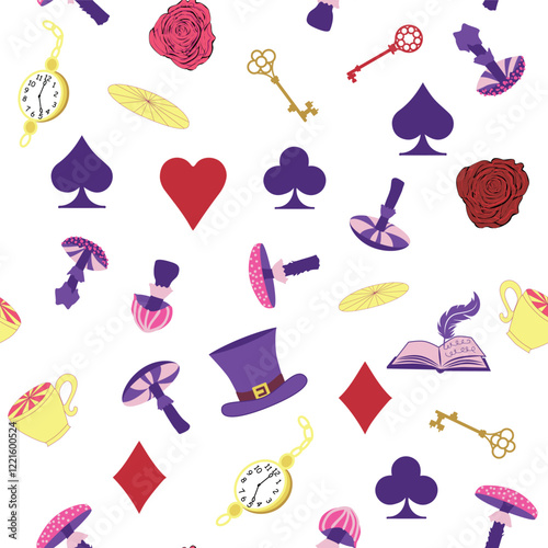 Wonderland pattern elements roses, rabbit, Cheshire cat, flamingo cards hat cup and mushrooms and clock