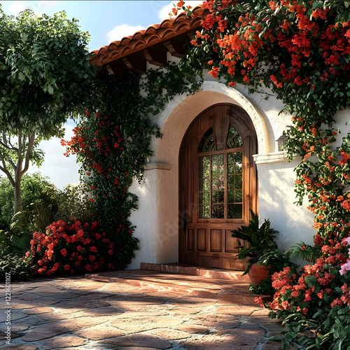 a hiperrealistic picture of the entrance to a mexican villa with some flowers