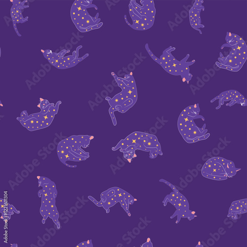 Mystical seamless pattern of cats in boho style, silhouette collection. Witchcraft and magic. Esotericism and mysticism, occultism. Cartoon flat vector illustrations, isolated