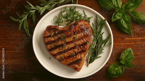 Overhead shot of a heartshaped grilled steak on a white plate, garnished with rosemary and basil sprigs