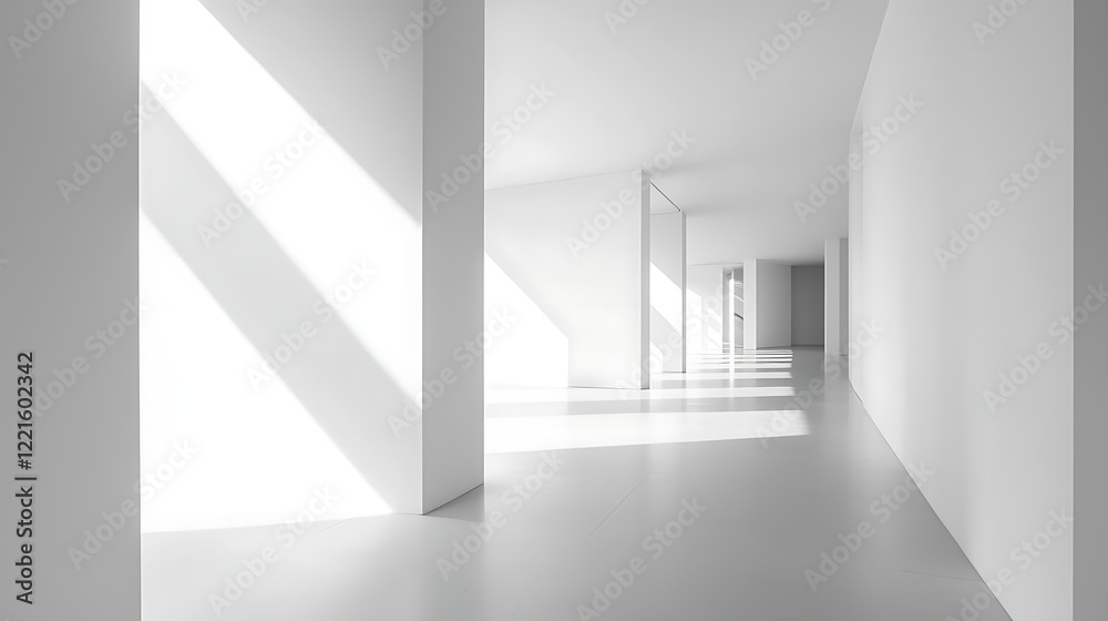 Fototapeta premium Sunlit minimalist white hallway with columns and doors.