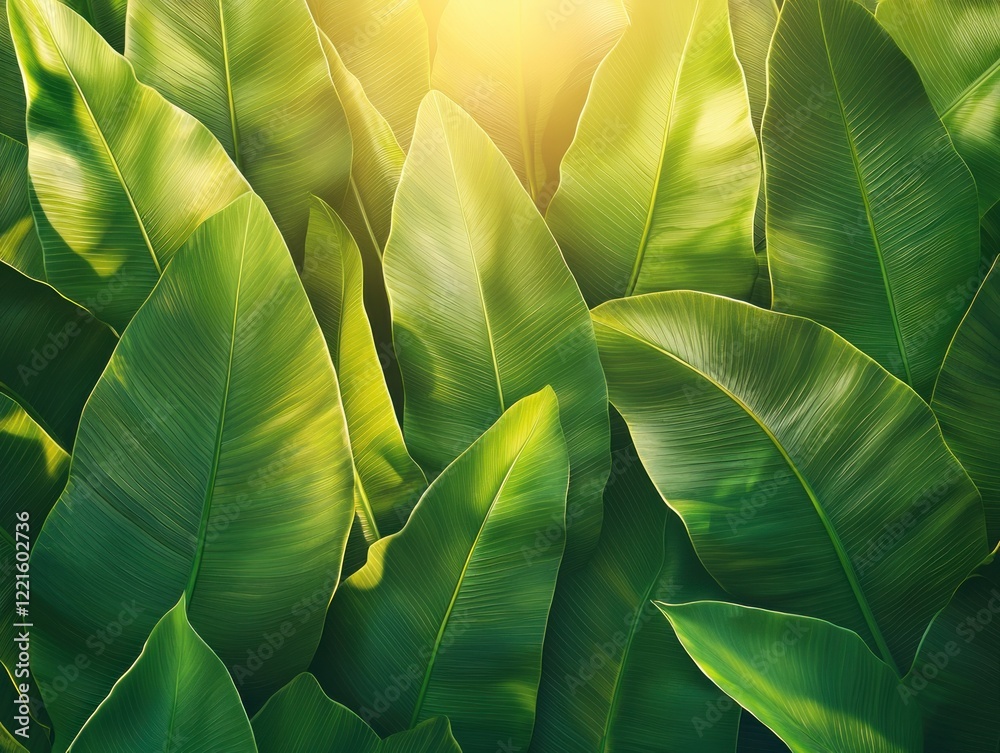 Fototapeta premium Sunlit Tropical Leaves, Lush Garden Background, Nature Texture