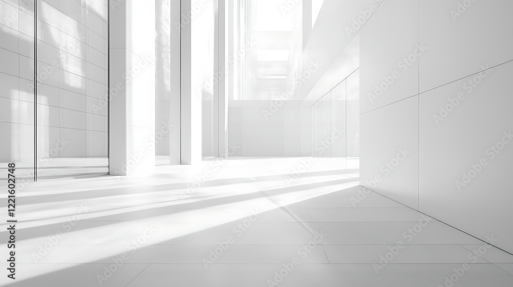 Obraz premium Sunlit minimalist white modern architecture interior.