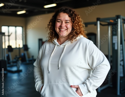 Smiling plus-size woman in gym. Happy and confident female poses in modern gym. Active lifestyle. Focus on body positivity and health. Indoor shot. Curvy figure. Positive image for plus-size people.