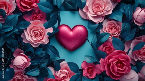 Valentine mockup card abstract design. Valentines Day Heart Roses Teal Background.