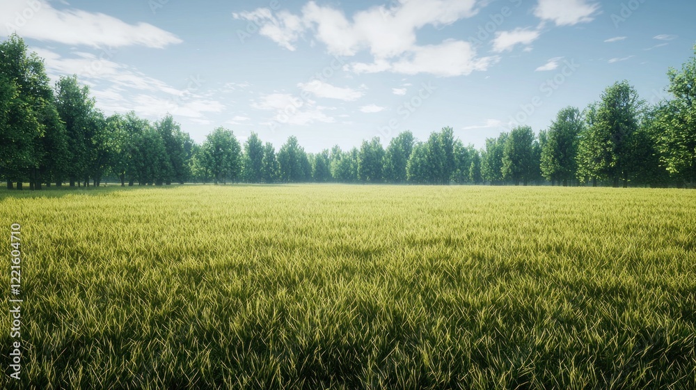 Sunny meadow, trees, blue sky, field, idyllic landscape, nature, background, serenity, pastoral, environment Sunny meadow, trees, blue sky, field, idyllic landscape, nature, background, serenity, pastoral, environment