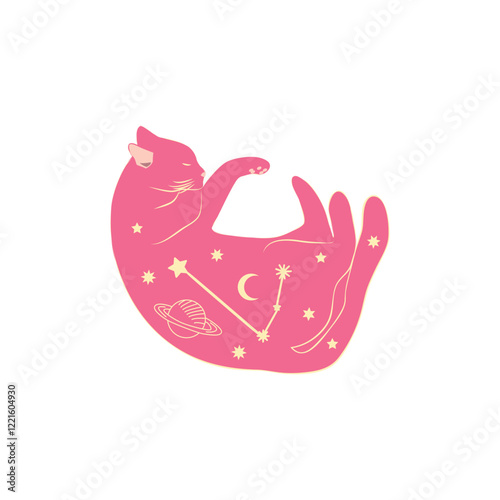 Mystical cats in boho style, silhouette collection. Esotericism and mysticism, occultism. Cartoon flat vector illustrations, isolated