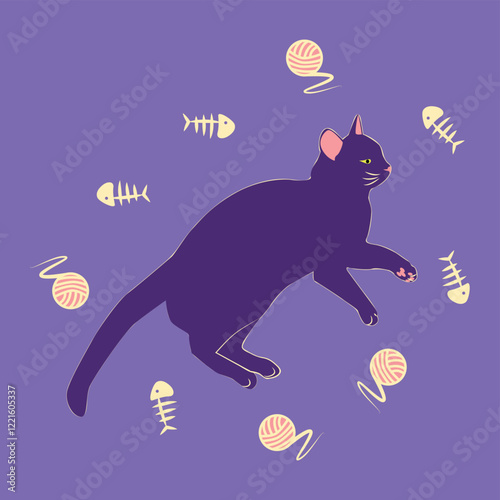 Mystical cat in boho style surrounded by stars, zodiac signs, balls, paw prints, silhouette collection. Esotericism and mysticism, occultism. Cartoon flat vector illustration.