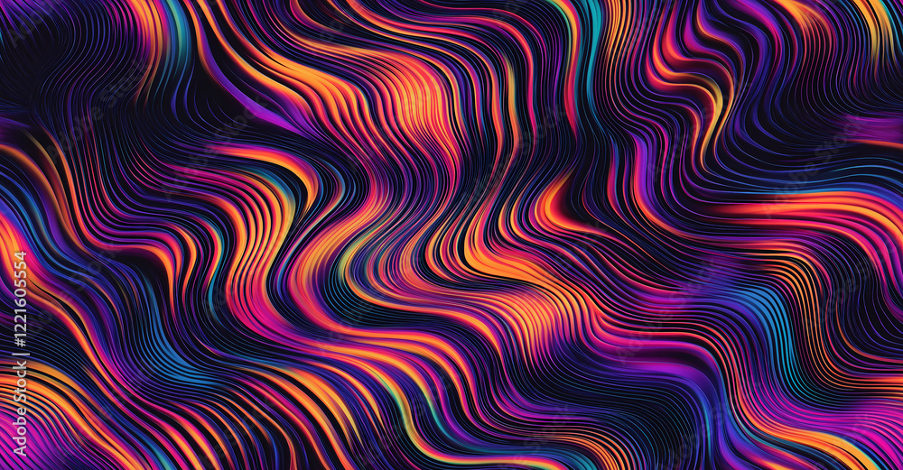 Obraz premium Psychedelic vibrant abstract seamless pattern with colorful wavy fluid shapes in neon orange purple and blue hues