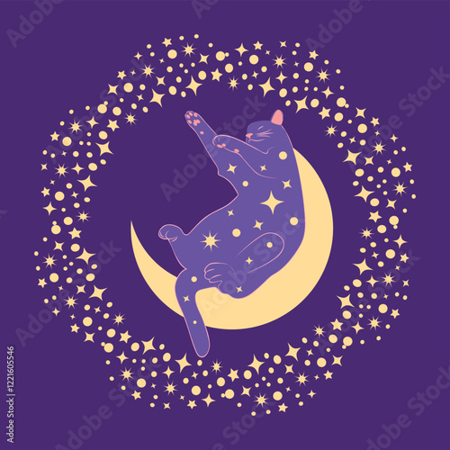 Mystical cat in boho style surrounded by stars, zodiac signs, balls, paw prints, silhouette collection. Esotericism and mysticism, occultism. Cartoon flat vector illustration.