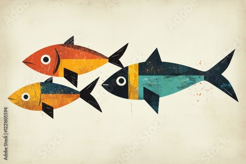 Colorful illustration of three fish in a unique artistic style