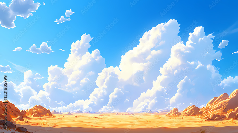 Fototapeta premium A wide shot of a vast desert landscape with rolling sand dunes under a bright blue sky with fluffy white clouds. Majestic Desert. Illustration