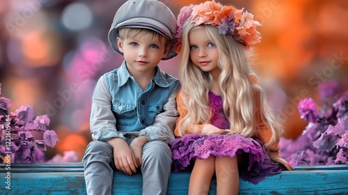 Children's dolls sitting beside each other in a colorful garden during daylight
