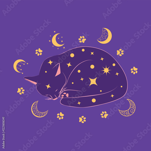 Mystical cat in boho style surrounded by stars, zodiac signs, balls, paw prints, silhouette collection. Esotericism and mysticism, occultism. Cartoon flat vector illustration.