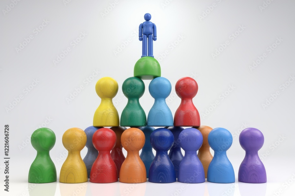 Obraz premium Colorful Wooden Pyramid with Blue Figurine Standing Atop